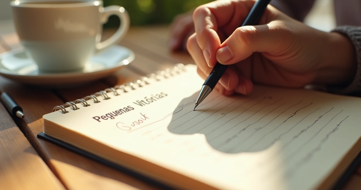 Pessoa escrevendo lista de pequenas vitórias em caderno 