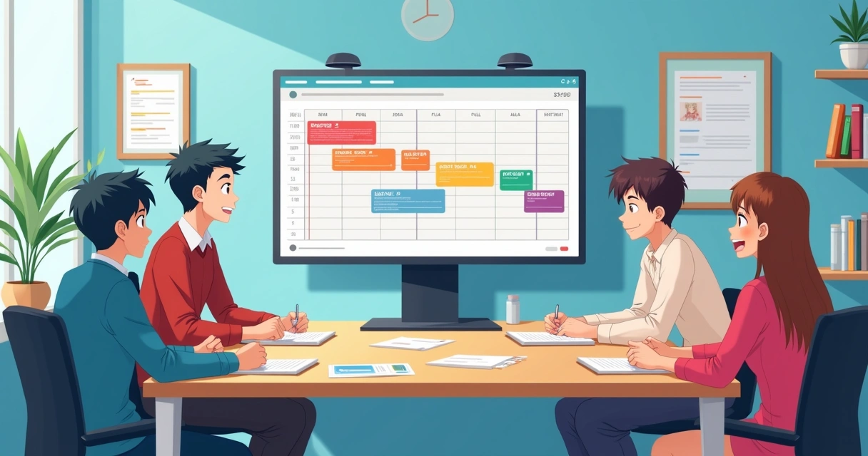 Monitor exibindo cronologia de anime com destaques coloridos e listas, grupo de pessoas animadas ao redor 