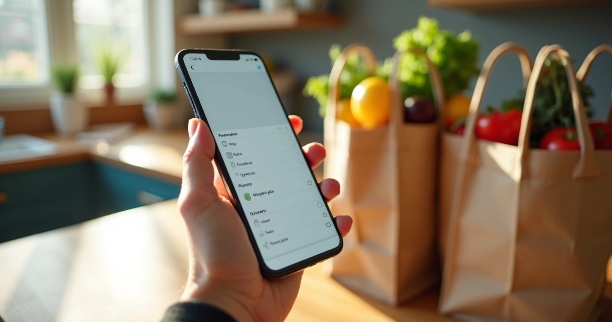 Pessoa usando aplicativo de lista de compras no smartphone ao lado de sacolas de supermercado 
