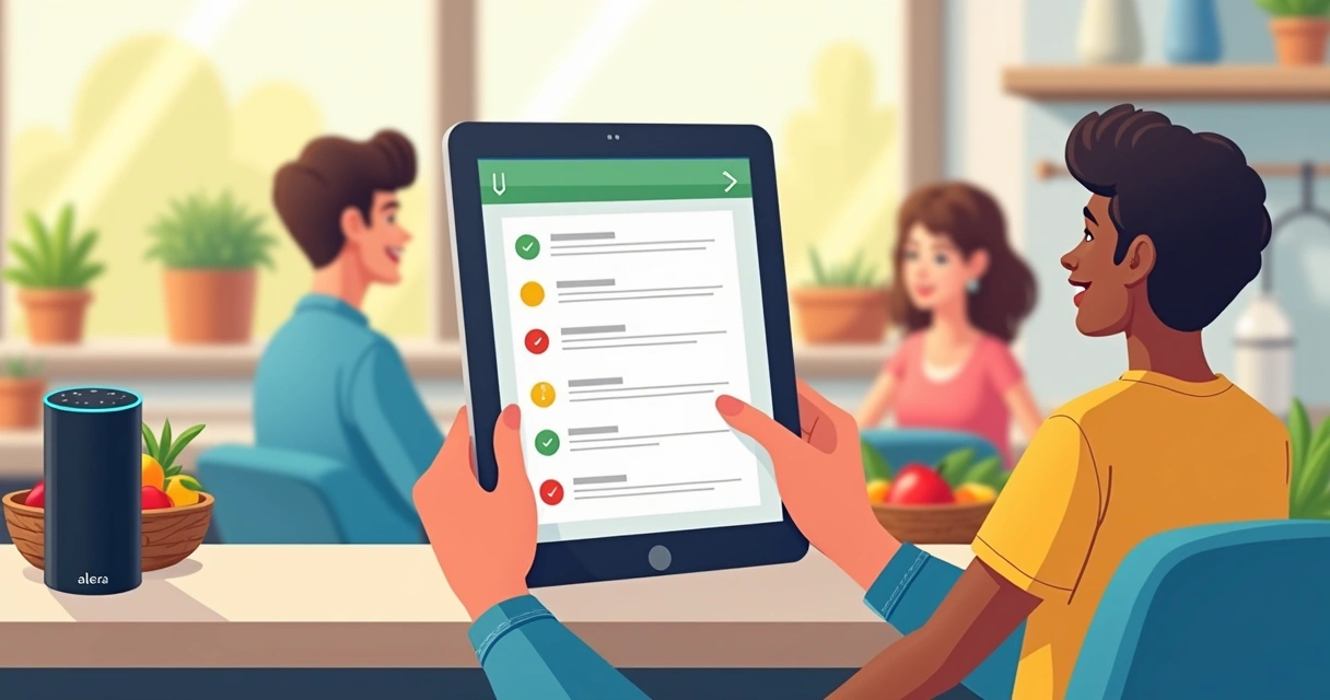 Lista de tarefas em tela digital, ao lado de assistente virtual com pessoas adicionando itens 