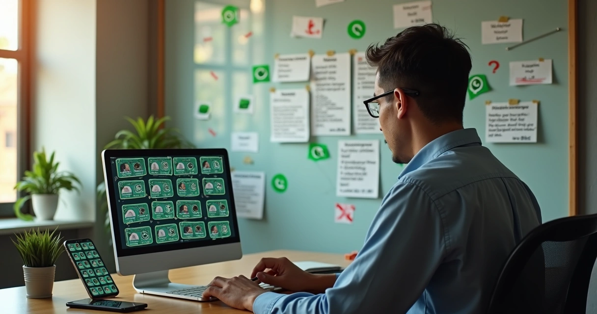Vendedor observa mural de contatos desorganizado com ícones de WhatsApp se repetindo 