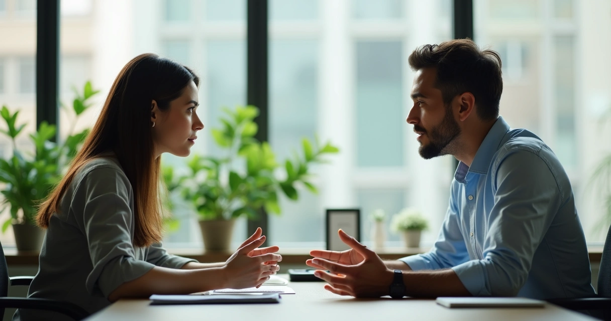 Two colleagues in an office, one speaking while the other listens attentively 