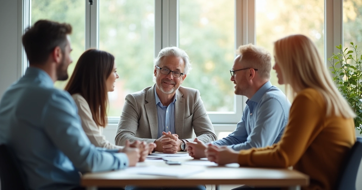 Person sitting calmly in a meeting listening to feedback, with attentive body language