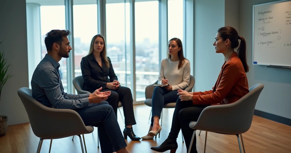 Group in a circle practicing attentive listening in a meeting room 