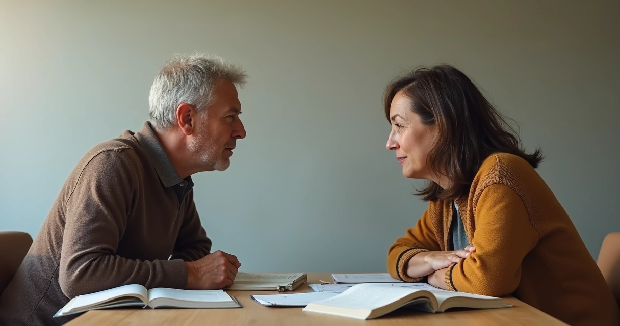 Two people listening and talking respectfully at a table