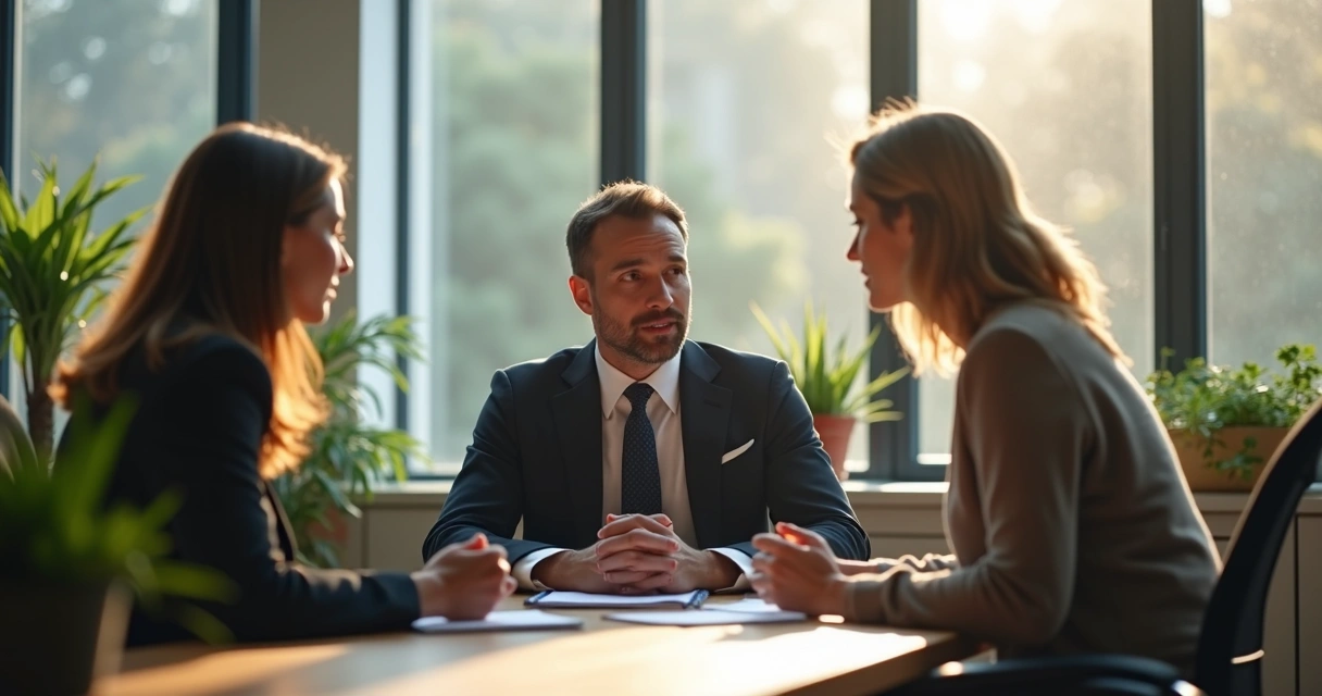Leader listening to employees in open office setting 
