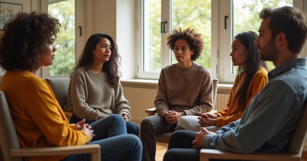 Group of diverse people sitting in a circle listening attentively