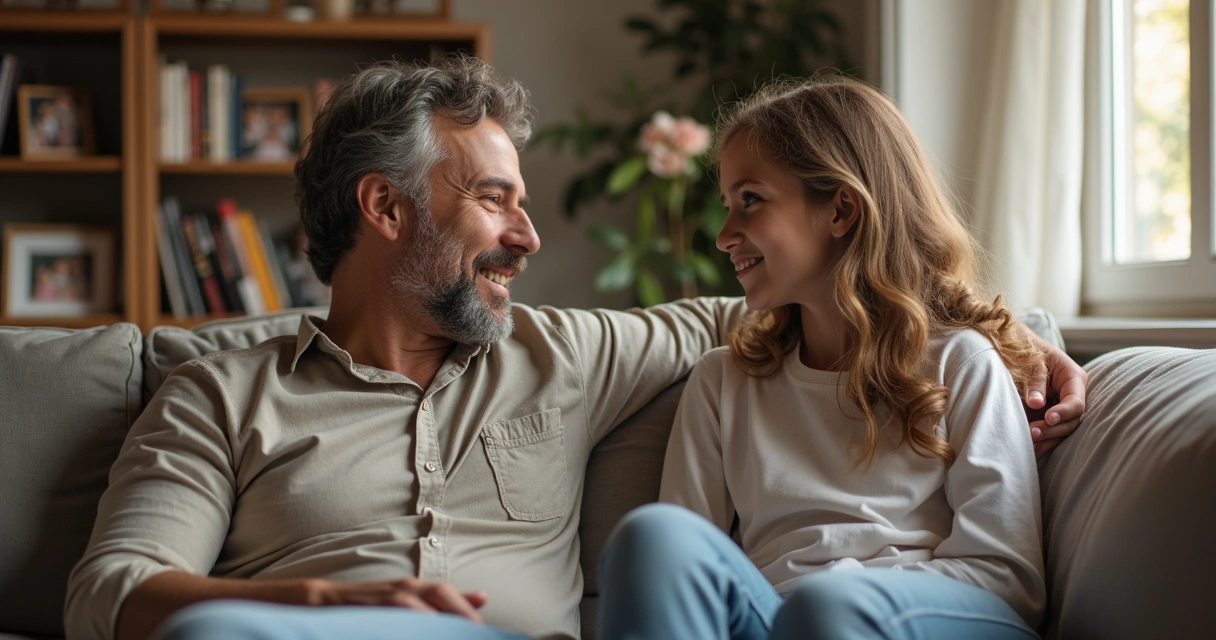 Father and daughter talking on cozy living room couch 