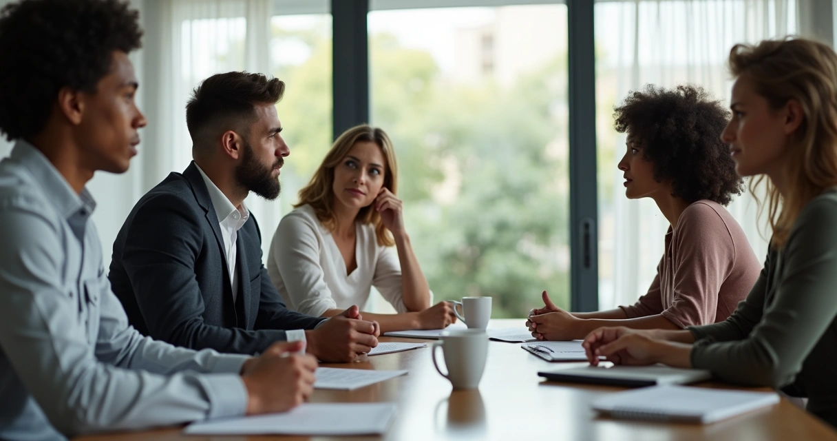 Colleagues in a serious conversation exchanging feedback 