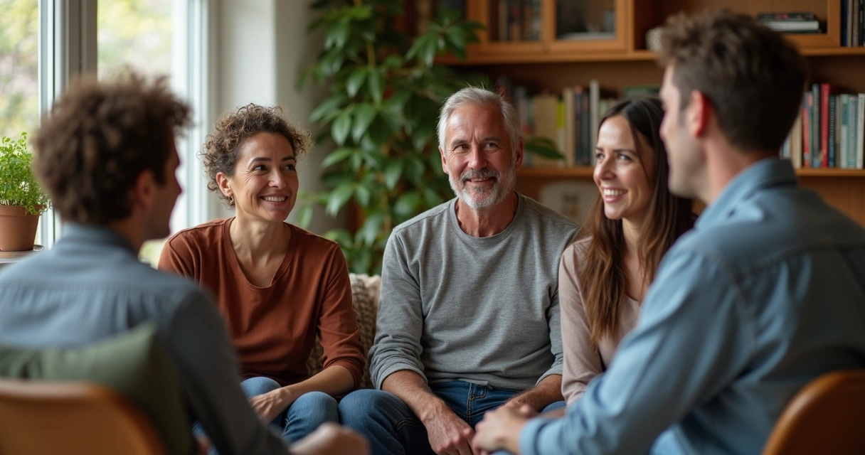 Individuals sitting in a circle, listening to one person speak