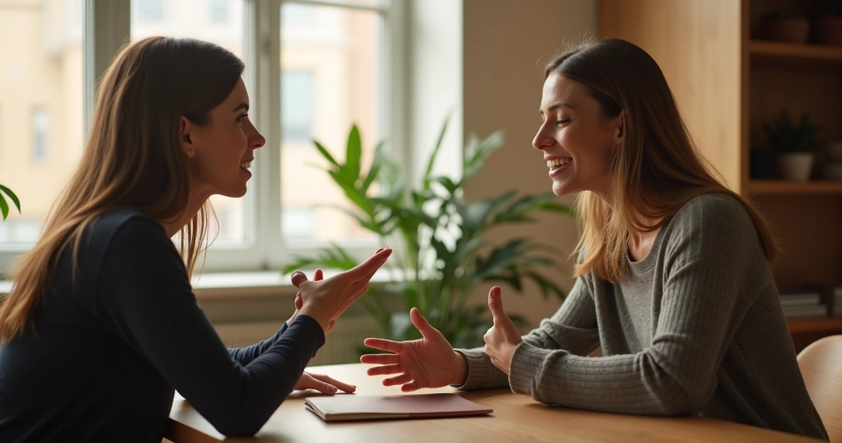 Two people sitting, listening attentively to each other