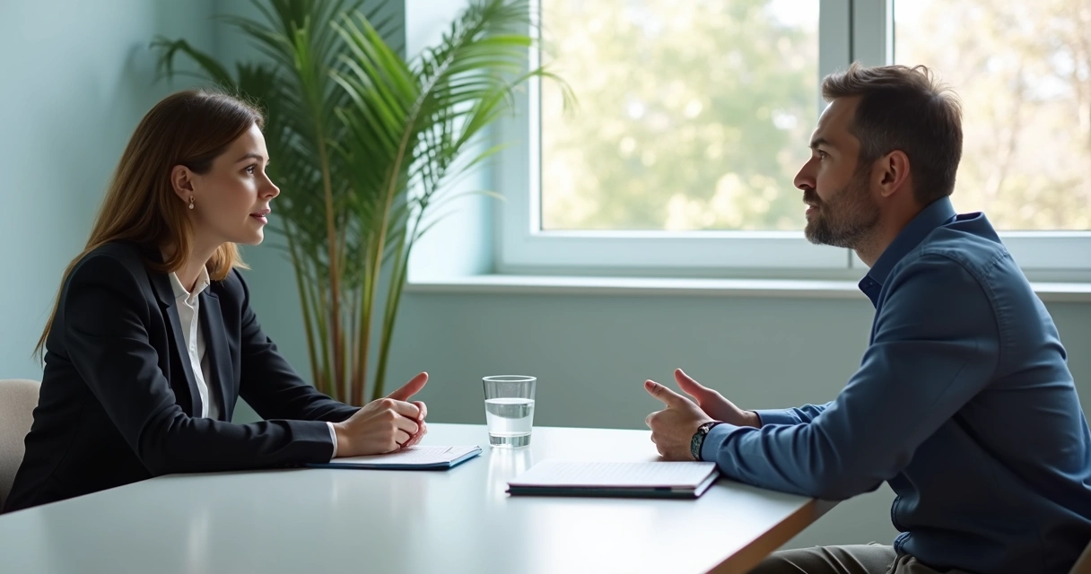 Two people in a quiet meeting pause and listen attentively 