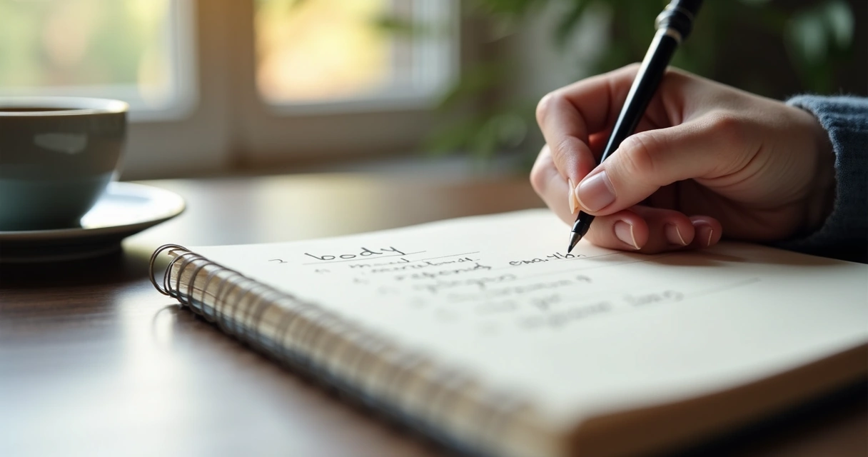 Hand writing in journal with focus on reflections about embodied listening