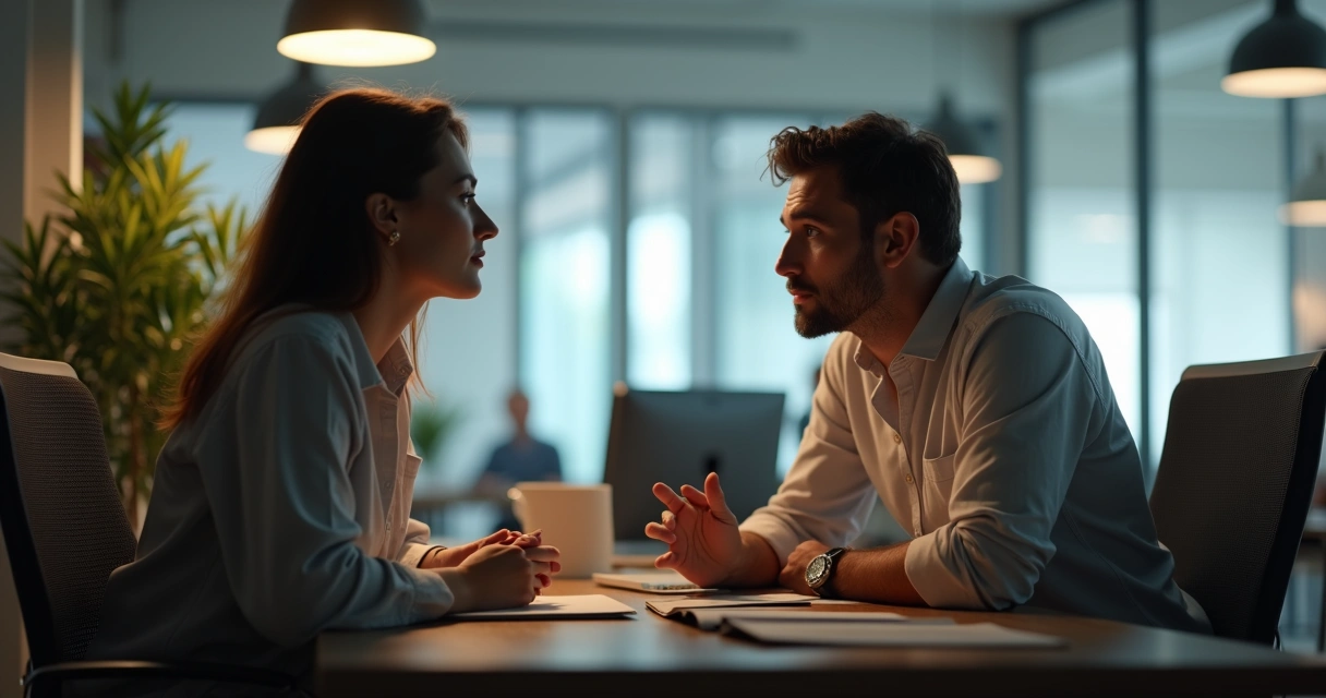 Coworker supporting another in an office, empathetic gesture