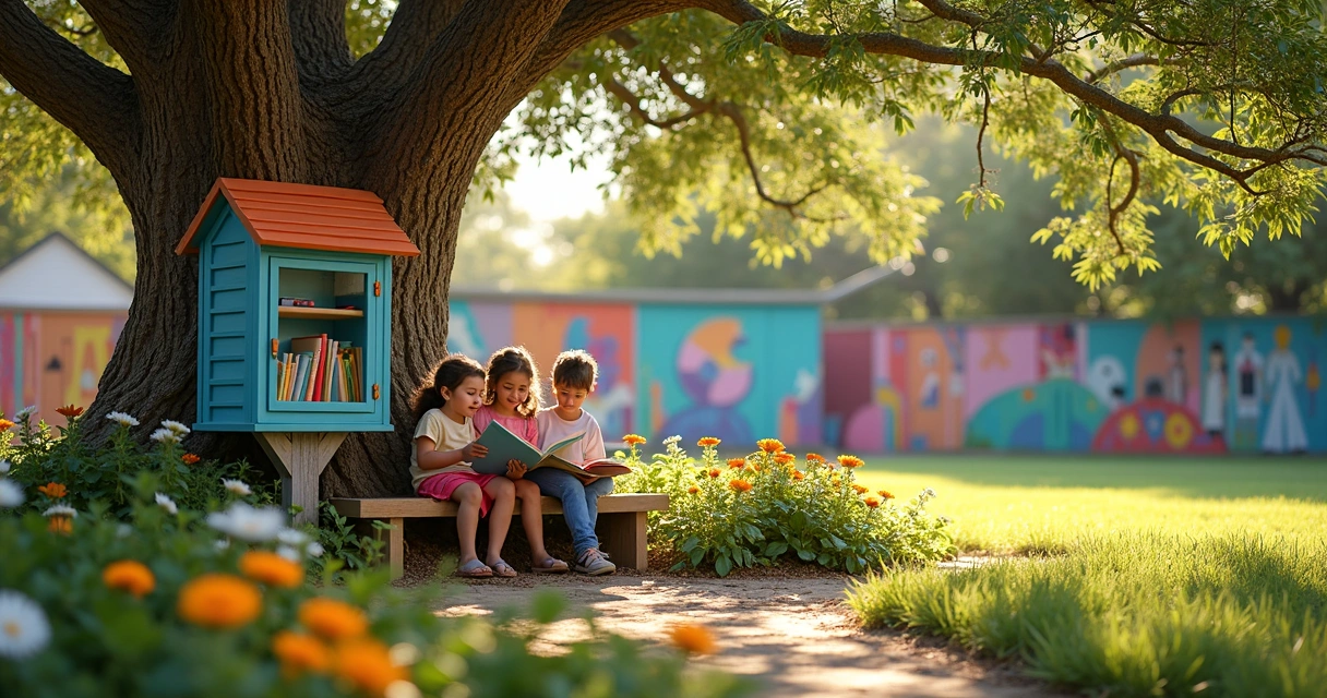 Little free library with garden bench and flowers