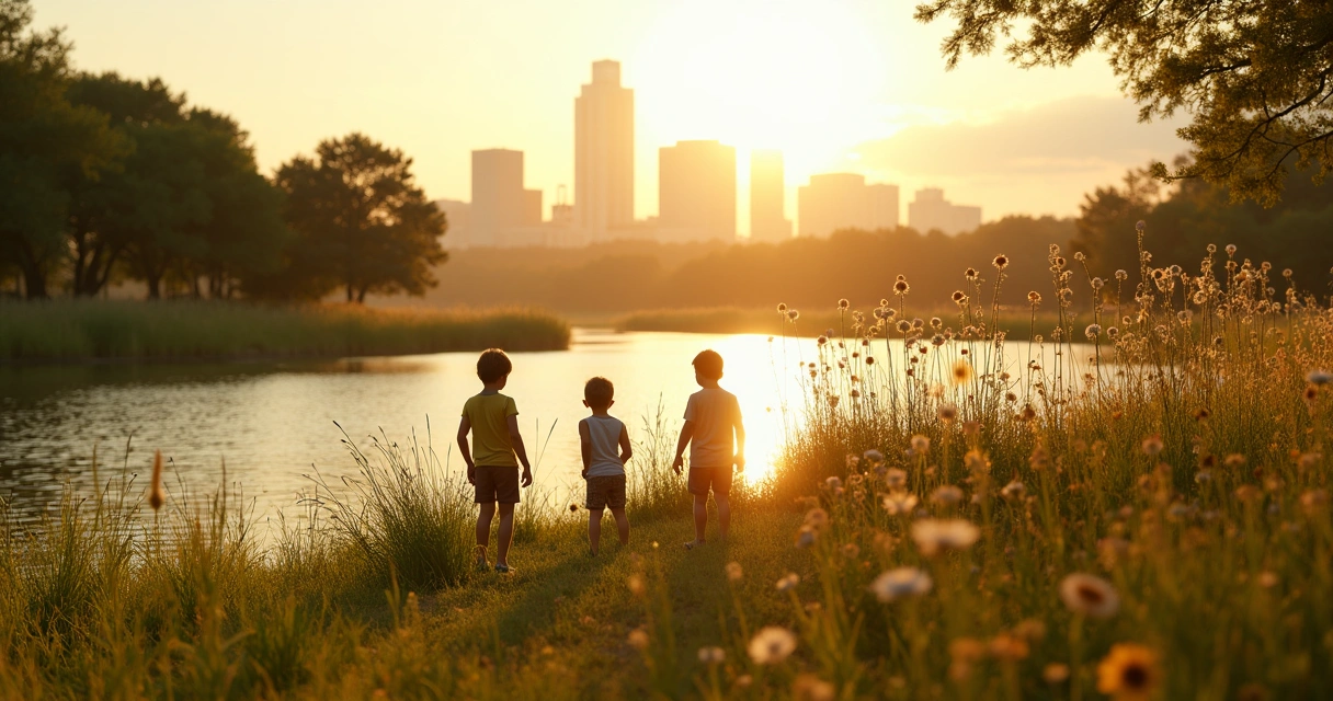 Children playing on grassy shore at Walter E. Long Park
