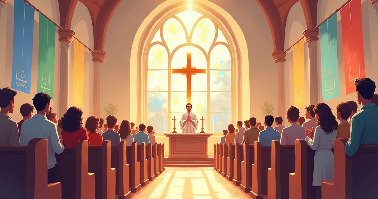 Missa católica com fiéis reunidos em igreja colorida 