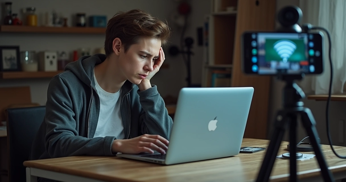 Pessoa fazendo transmissão ao vivo com equipamentos simples e cenário improvisado 
