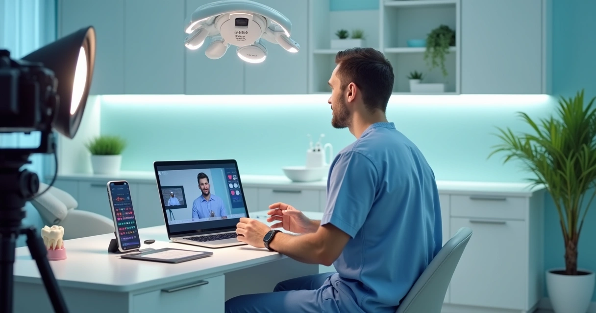 Dentista apresentando live odontológica em estúdio de clínica moderna 