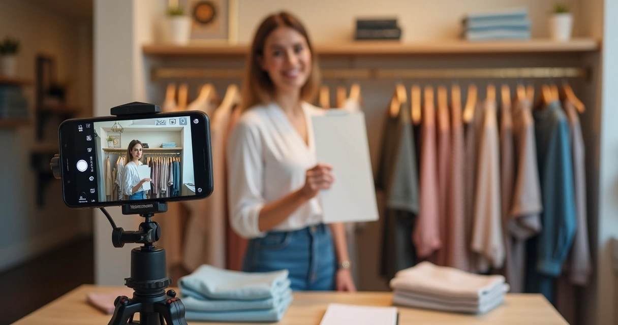 Venda de roupas ao vivo com celular, arara e iluminação de estúdio 
