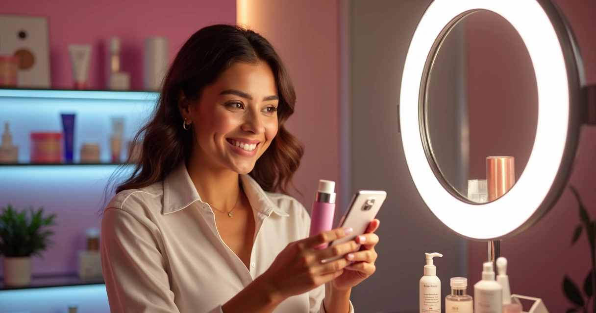 Apresentadora mostrando produtos de skincare em live com chat aberto e botões de compra ativos 