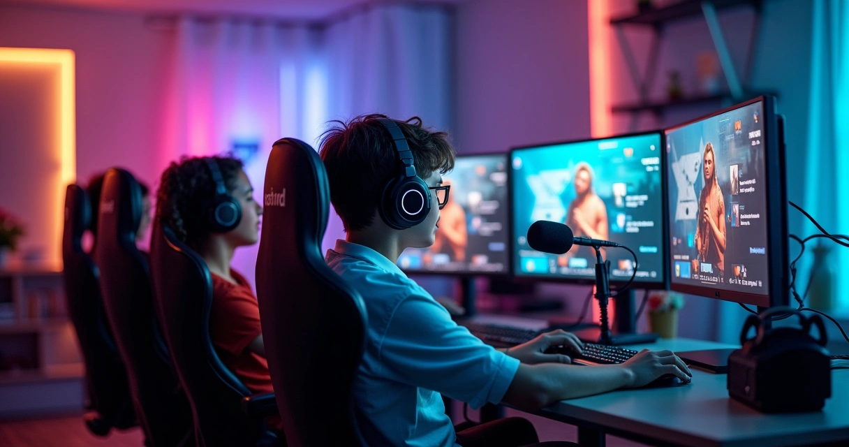 Gamers streaming a podcast live, with microphones, headphones, and screens displaying interactions. 