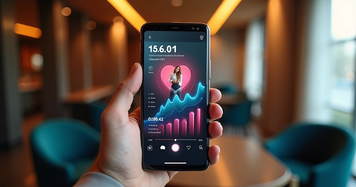 Celular exibindo live no Instagram com gráficos de crescimento e seguidores em destaque 