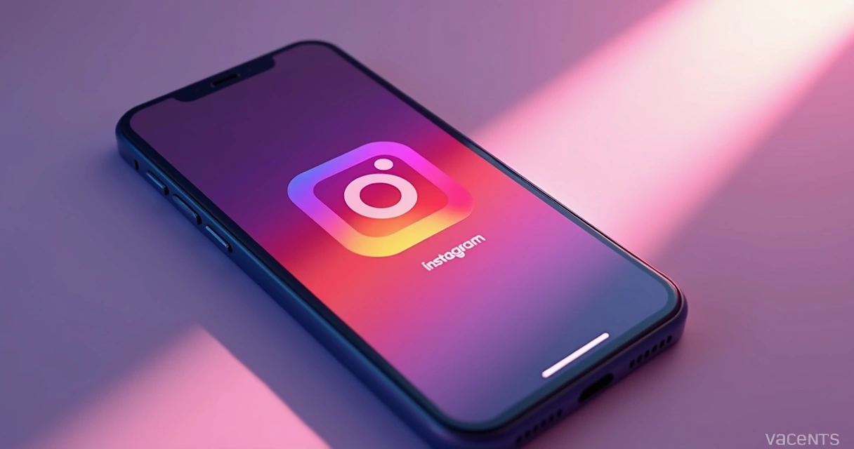 Celular exibindo uma live no Instagram com ícone do Instagram na tela, fundo degradê lilás e roxo, logo Valentins Digital no canto inferior
