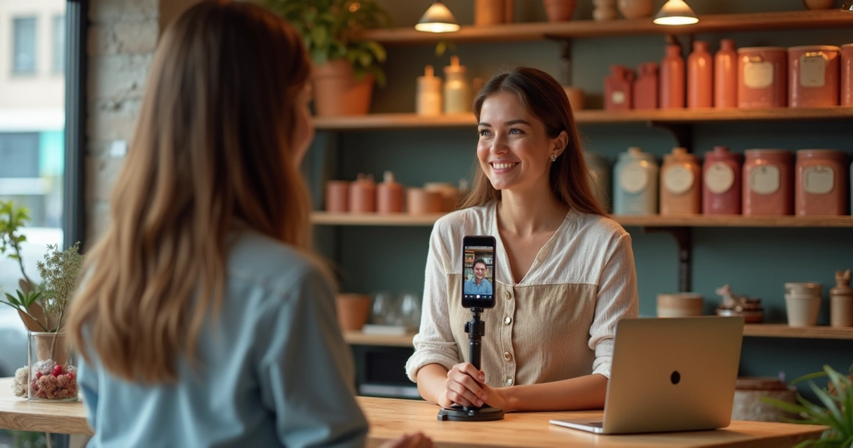 Dona de loja em live respondendo comentários no celular