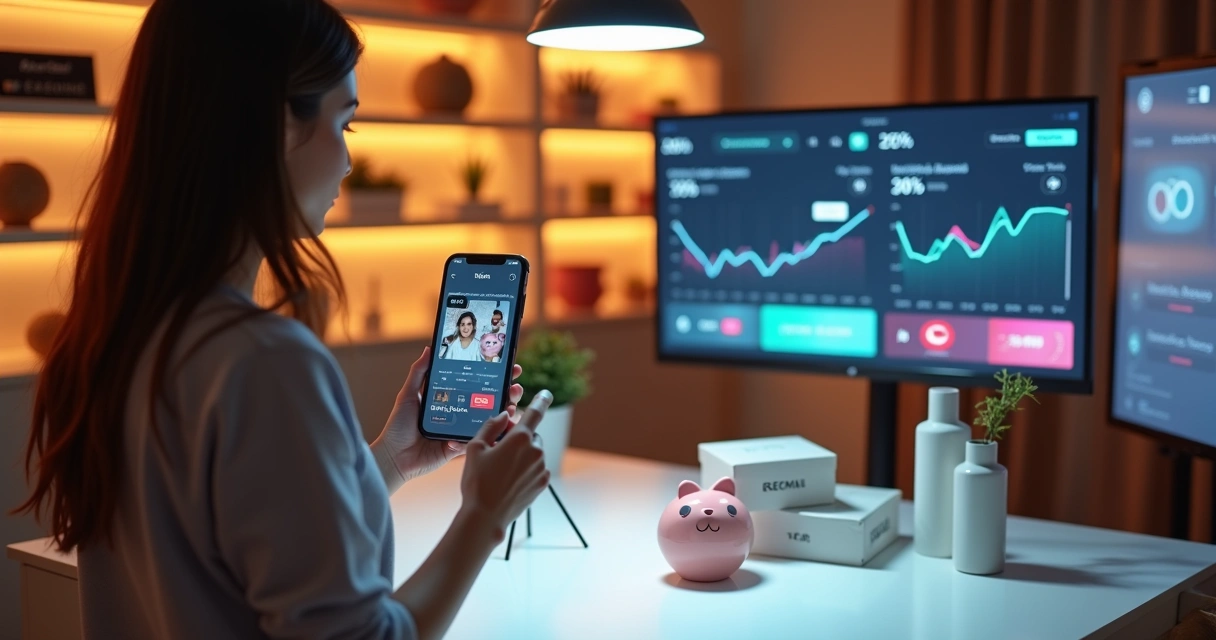 Apresentadora mostrando produtos em live shop com celular e comentários em tempo real 