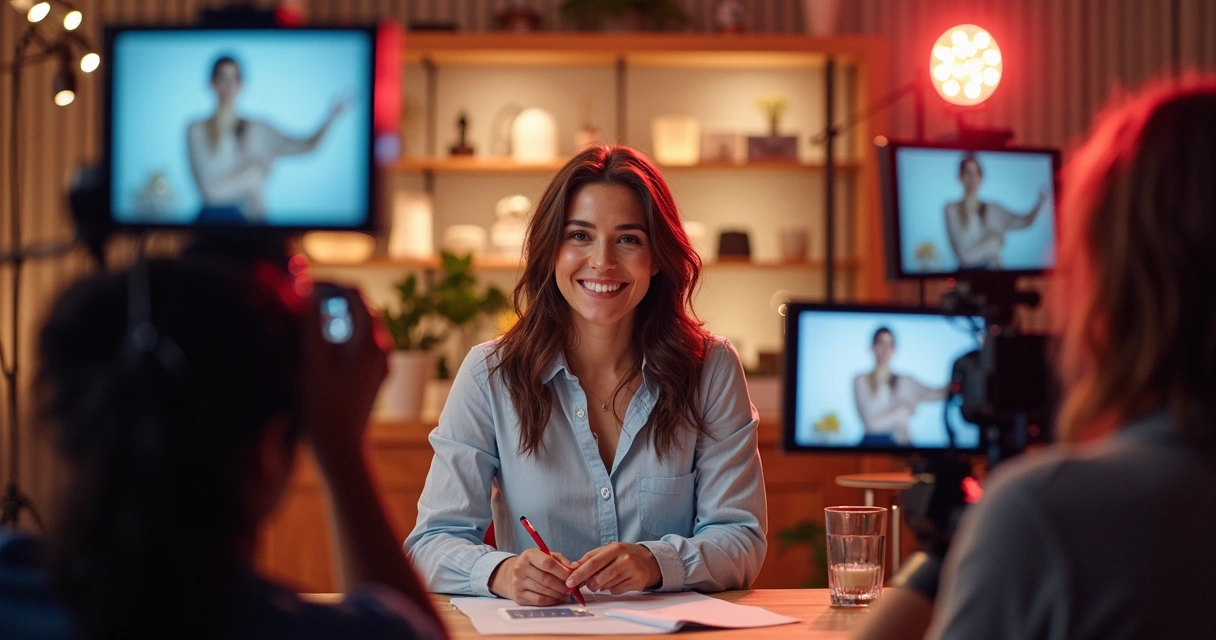 Influenciador apresentando live shopping para ecommerce com público interagindo 