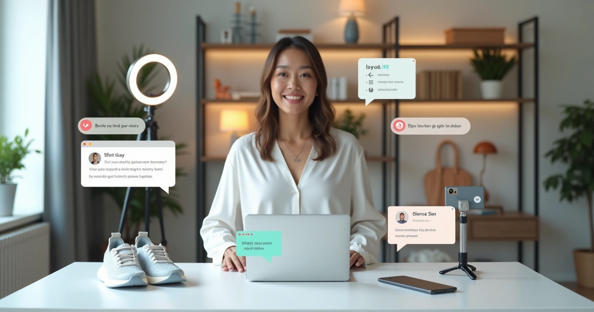 Apresentador mostrando produtos em live shopping com comentários e botões de compra na tela 