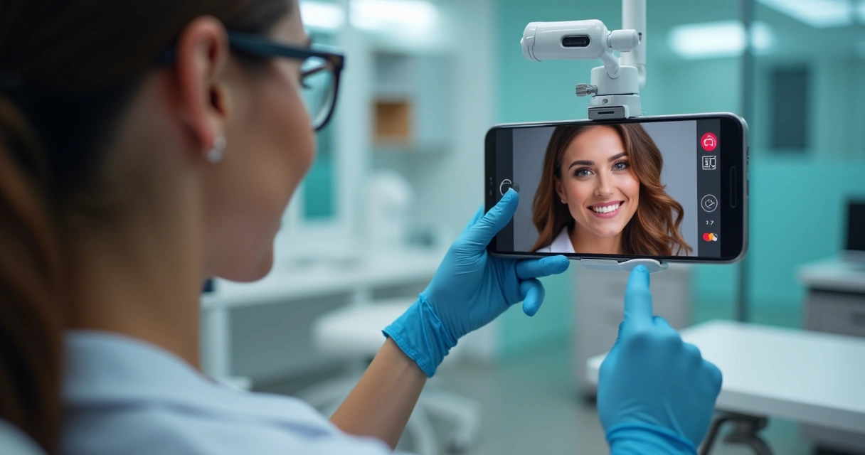 Dentista faz live em clínica para redes sociais, sorrindo para câmera 
