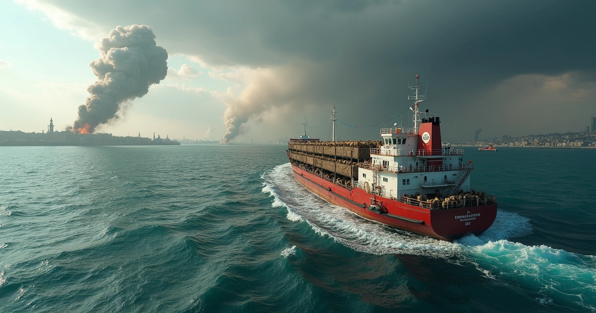 Livestock ship with animals onboard, distant smoke from a blast on the horizon 