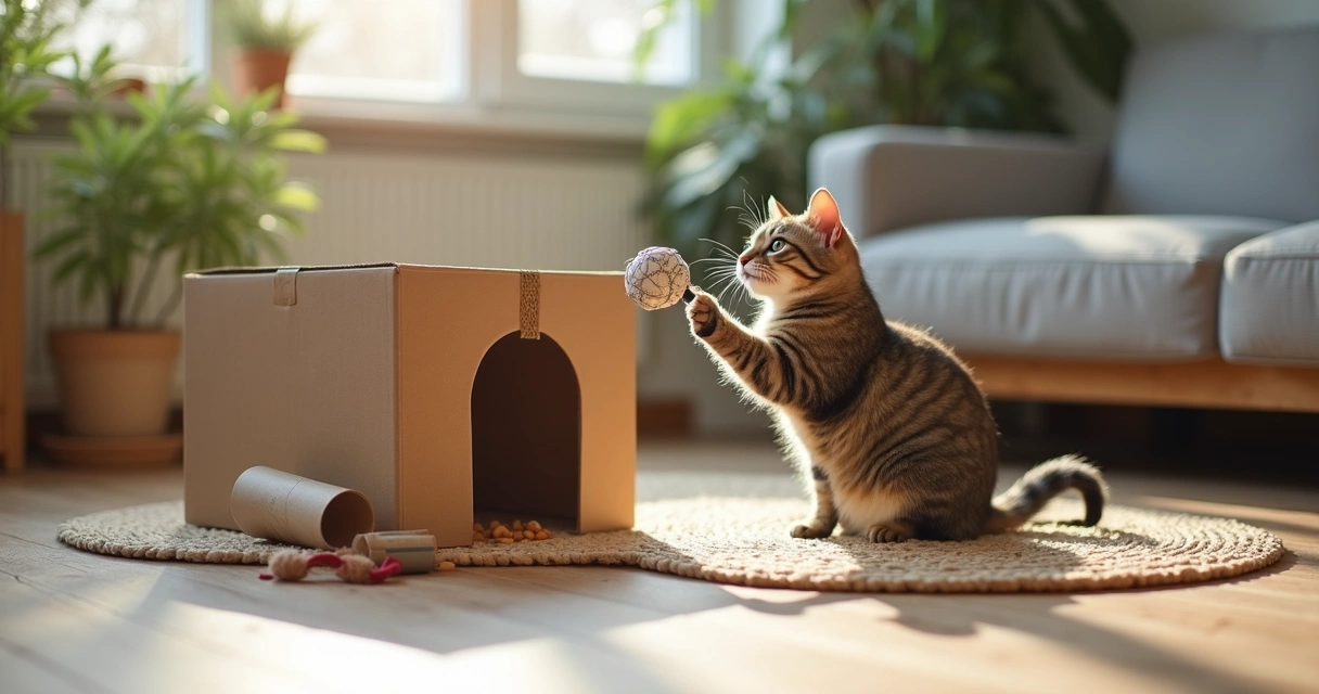 Cat plays with DIY toys on a living room rug. 