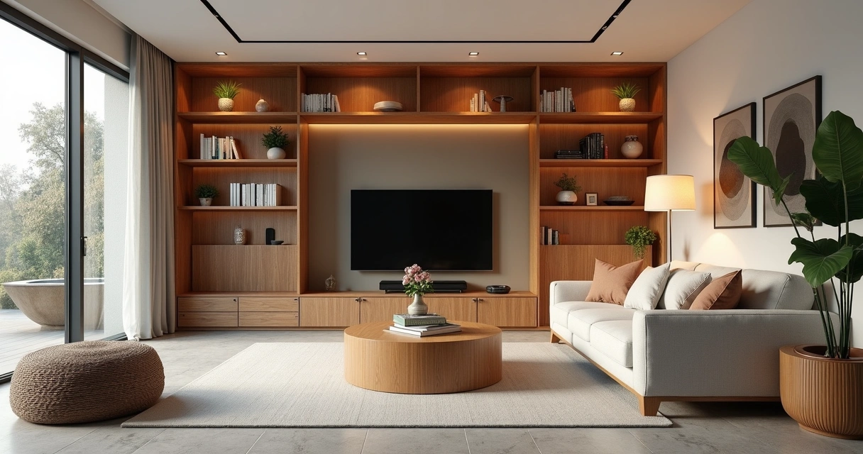 Living room with custom planned wood furniture 