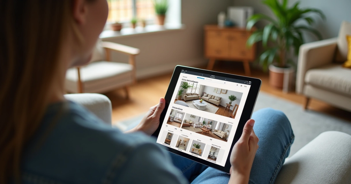 Modern living room furniture shown on tablet screen 