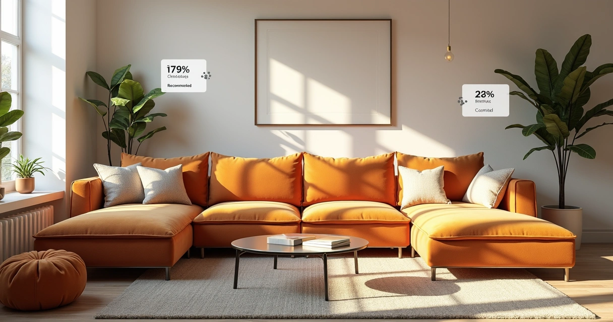 Modern living room with featured furniture pieces and marketing highlights 