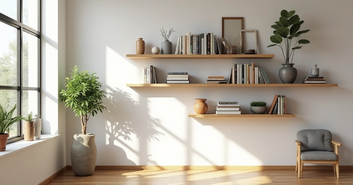 Open shelves in a modern living room with books, plants, and decor 