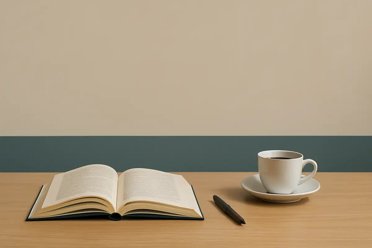 Livro aberto, caneta preta e xícara branca de café sobre mesa de madeira clara