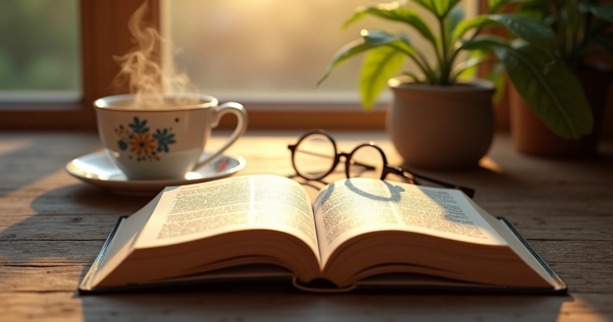 Livro aberto sobre mesa de madeira com luz suave e ambiente aconchegante 