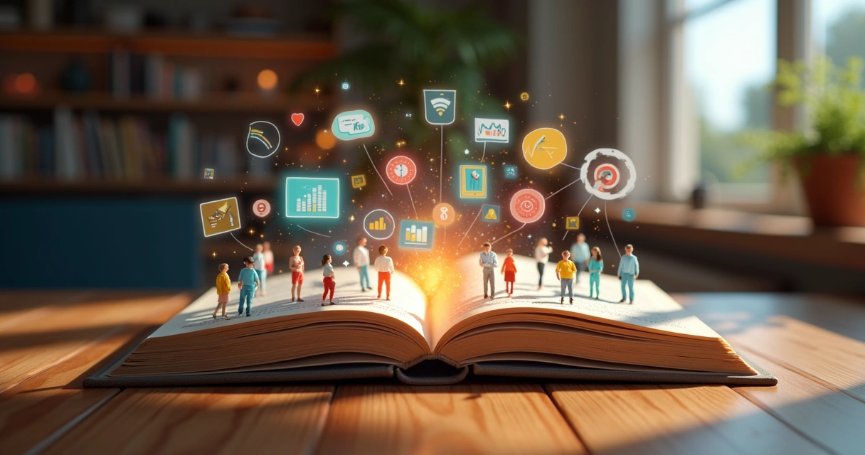Livro aberto com ilustrações fluindo das páginas representando storytelling 