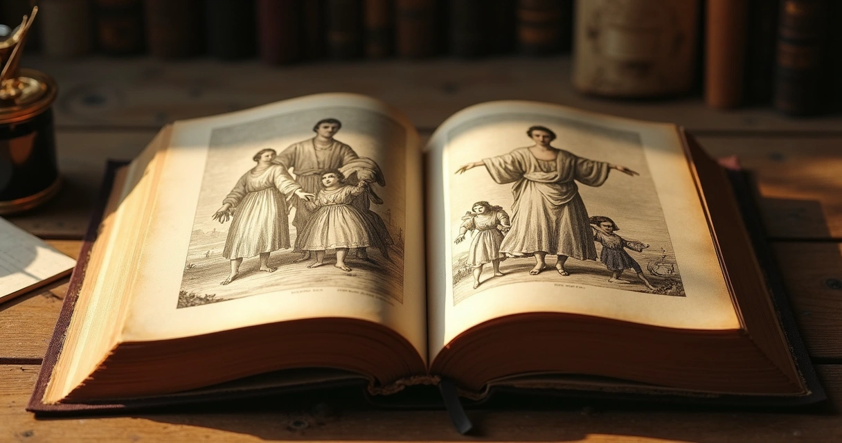 Livro antigo aberto com imagens de homens em destaque e mulheres em segundo plano. 
