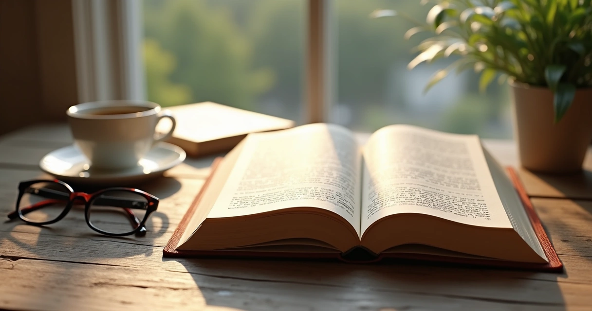 Livro de autoajuda aberto sobre uma mesa de madeira 