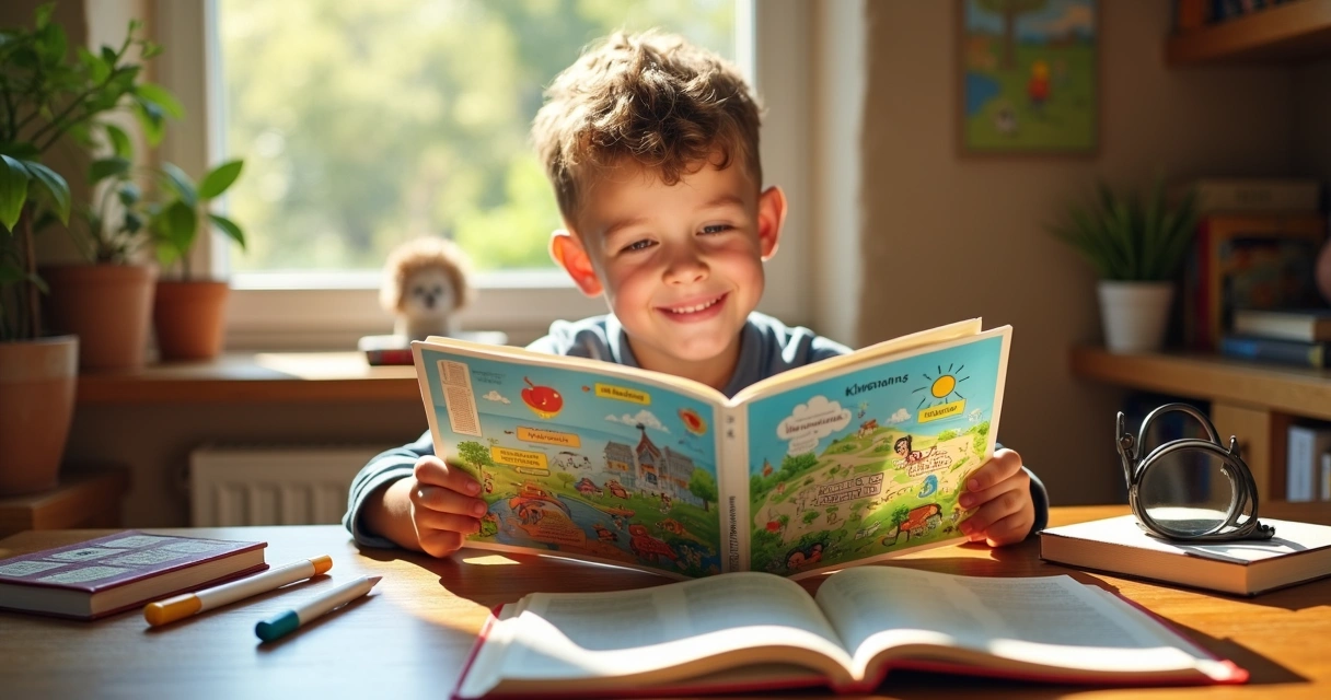 Menino com Bíblia e livro ilustrado de investigação bíblica 