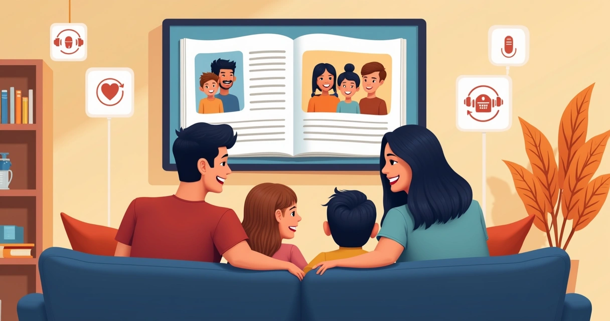 Livro legado digital em tela com família reunida 