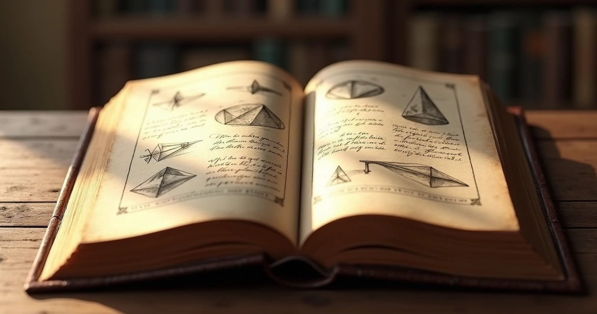 Livro antigo aberto com ilustrações de figuras geométricas 