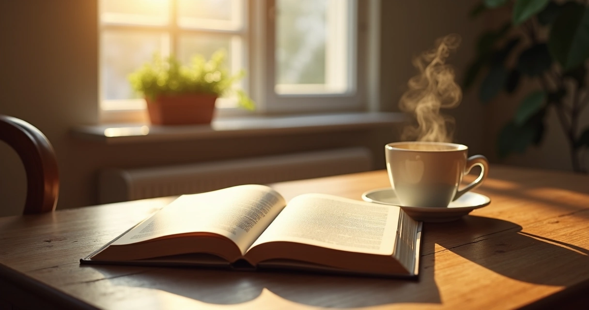 Livro aberto ao lado de uma xícara de café sobre a mesa 