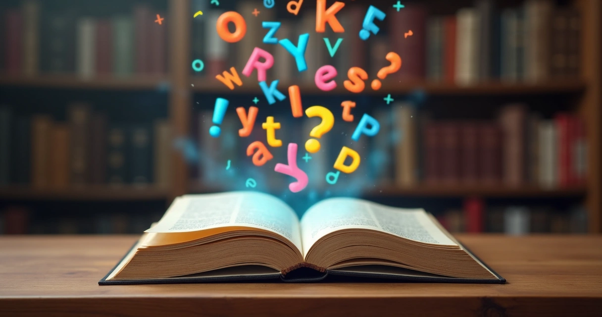 Livro aberto com letras flutuando acima das páginas 