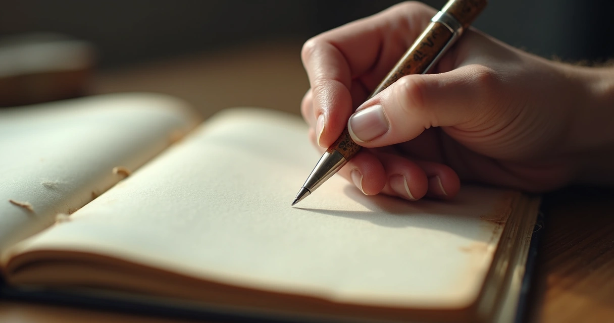 Mão segurando caneta, pronta para escrever em caderno antigo, fundo claro, foco na página em branco 